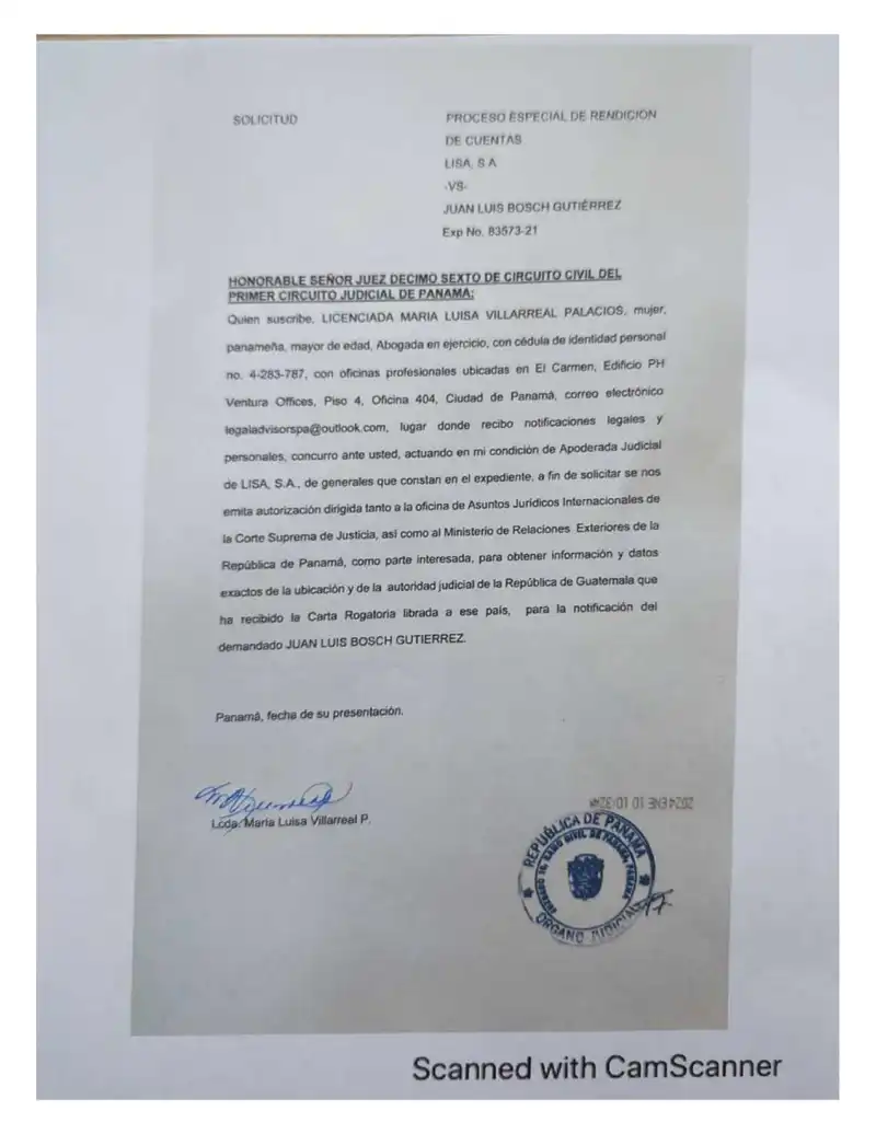 Lisa, S.A. solicita autorización judicial para obtener del Ministerio de Relaciones Exteriores y la Corte Suprema información sobre la autoridad guatemalteca que recibió la carta rogatoria para notificar a Bosch.