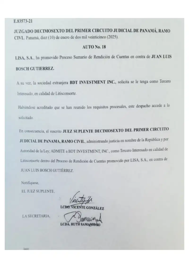 El Juzgado Decimosexto de Circuito Civil admite a BDT Investment Inc. como tercero interesado en calidad de litisconsorte en el proceso de rendición de cuentas contra Juan Luis Bosch Gutiérrez.