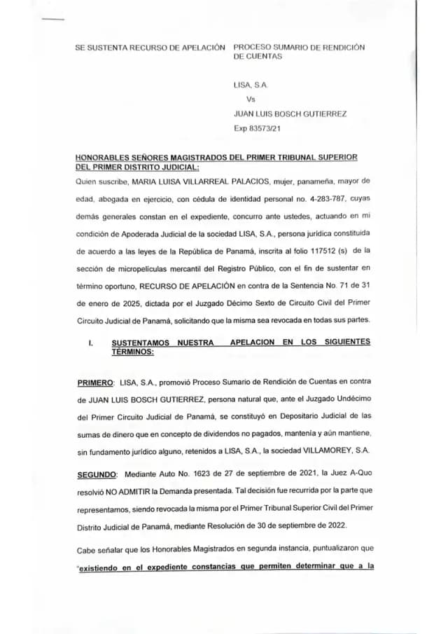 Lisa, S.A. recurre la Sentencia No. 71 de enero de 2025 por errores de derecho sobre su legitimación activa, la exclusión de BDT Investments Inc. como litisconsorte, vicios procesales y una condena en costas de $40,000.00.