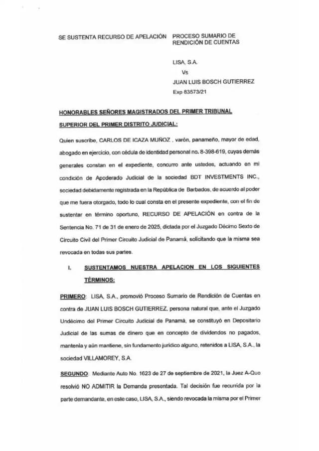 BDT Investments Inc. apela la Sentencia No. 71 de 2025 señalando errores al negar su intervención como litisconsorte, declarar la ilegitimidad de Lisa y eximir a Bosch de rendir cuentas como depositario.