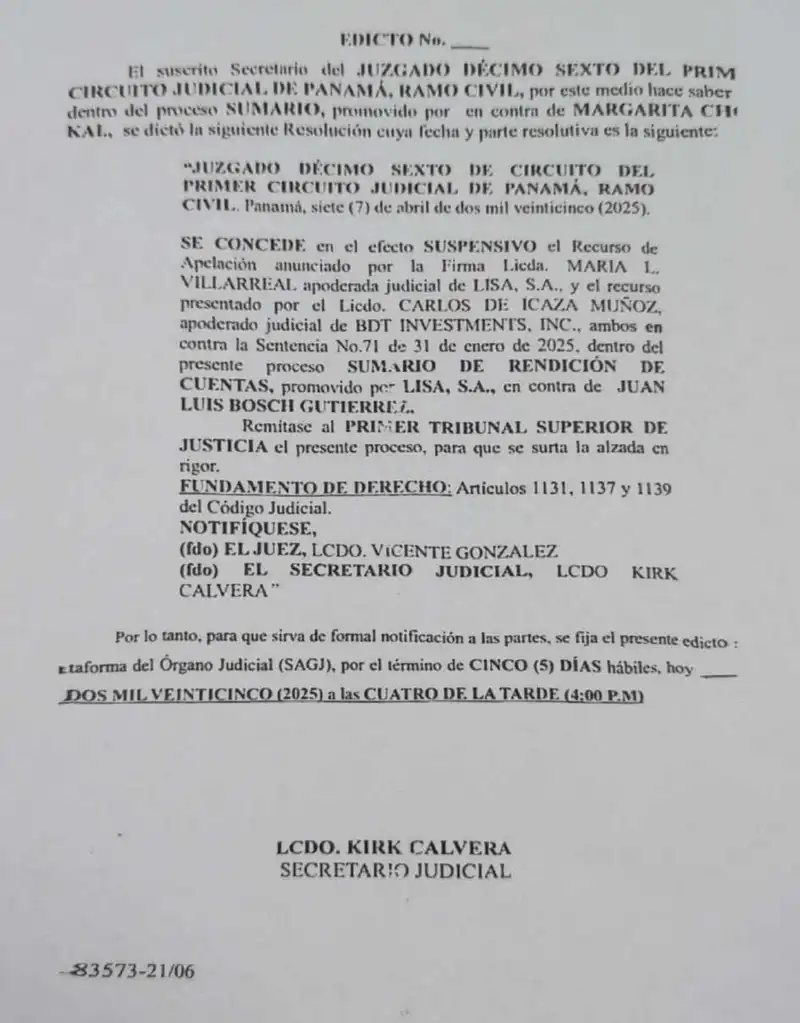 El Juzgado Décimo Sexto de Circuito Civil concede efecto suspensivo a las apelaciones de Lisa, S.A. y BDT Investments, Inc. contra la Sentencia No. 71 y remite el expediente al Primer Tribunal Superior.