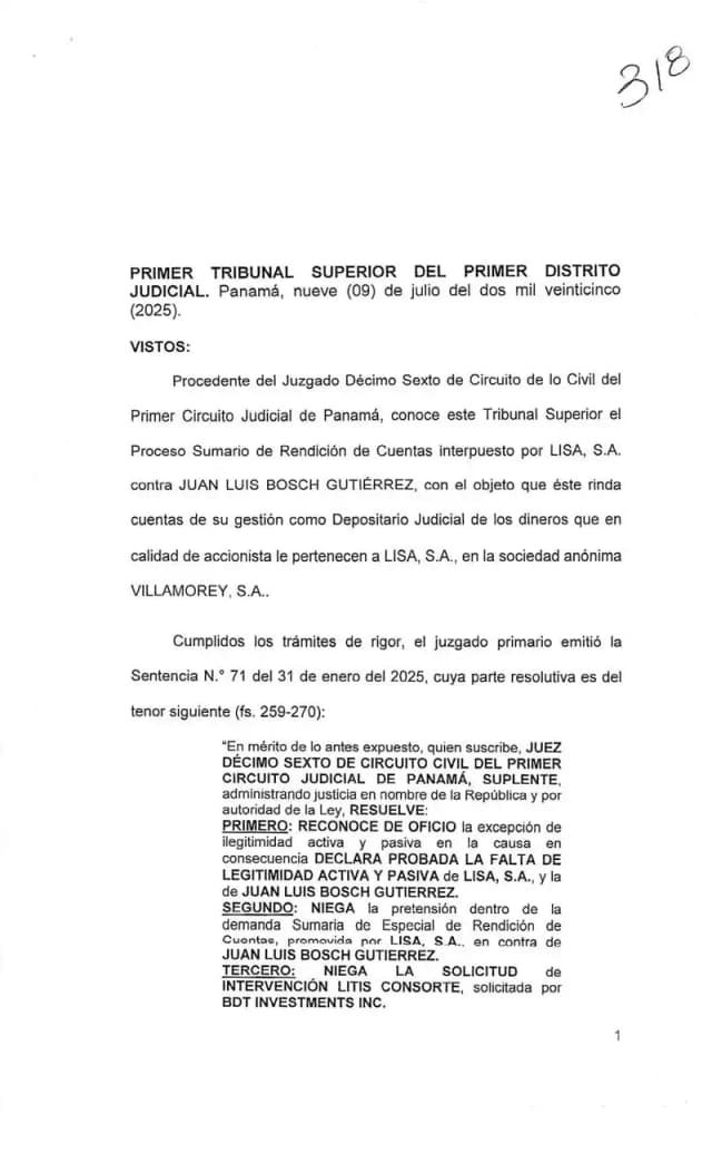 El Primer Tribunal Superior exonera a Lisa, S.A. de la condena de $40,000 en costas por buena fe, pero confirma el rechazo de la demanda de rendición de cuentas por falta de legitimación activa y pasiva.