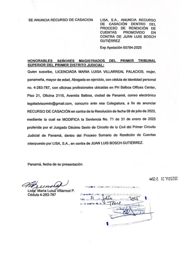 Lisa, S.A. anuncia recurso de casación ante la Corte Suprema contra la resolución del Primer Tribunal Superior que confirmó el rechazo de su demanda de rendición de cuentas contra Bosch Gutiérrez.