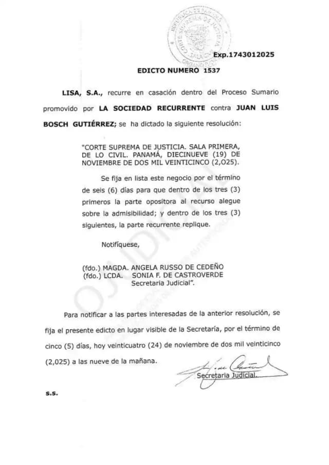 La Sala Primera de lo Civil de la Corte Suprema fija seis días para alegatos de admisibilidad y réplica dentro del recurso de casación de Lisa, S.A. contra Juan Luis Bosch Gutiérrez en el proceso de rendición de cuentas.