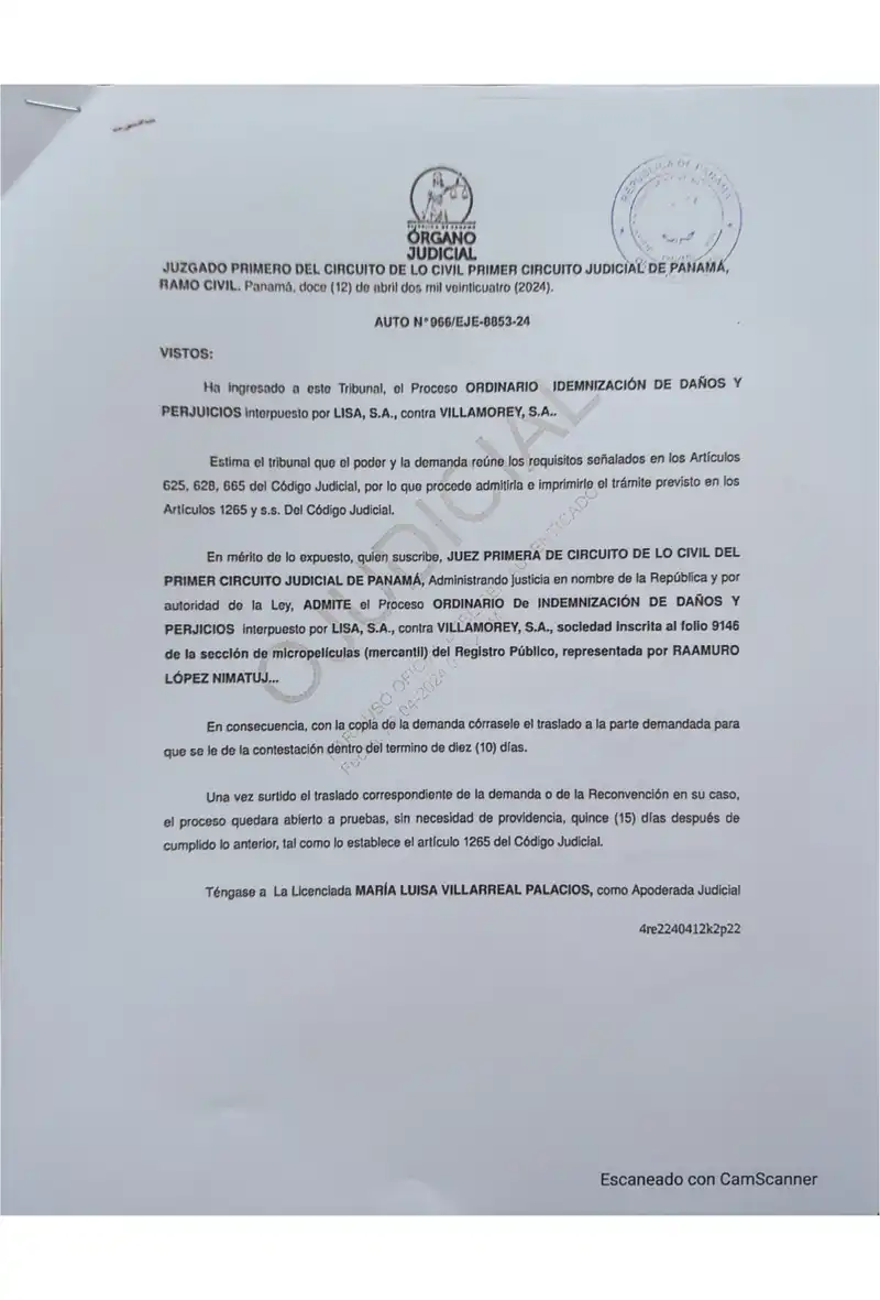 El Juzgado Primero de Circuito de lo Civil de Panamá admite la demanda ordinaria de indemnización de daños y perjuicios de Lisa, S.A. contra Villamorey, S.A. y ordena el traslado de la demanda.