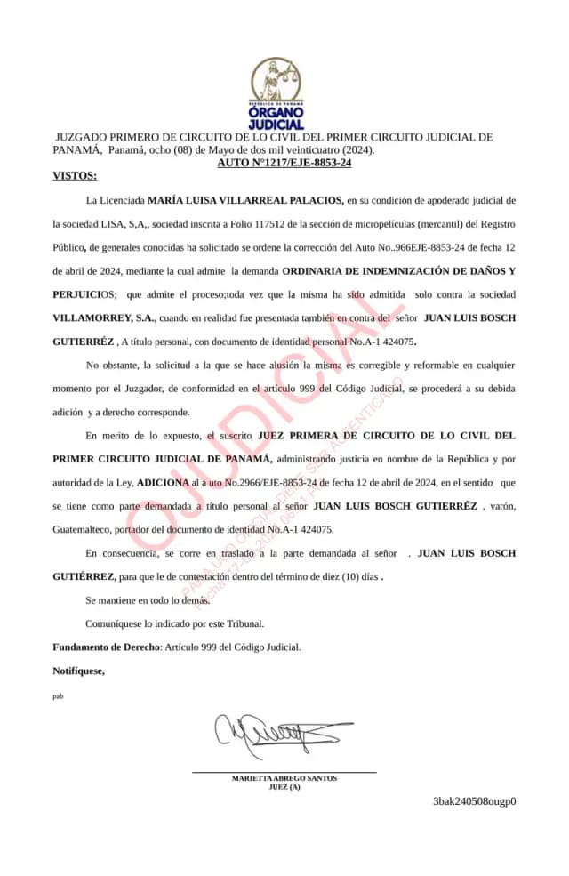El Juzgado Primero Civil de Panamá corrige el auto admisorio para incluir a Juan Luis Bosch Gutiérrez como demandado a título personal en la demanda de daños de Lisa, S.A.