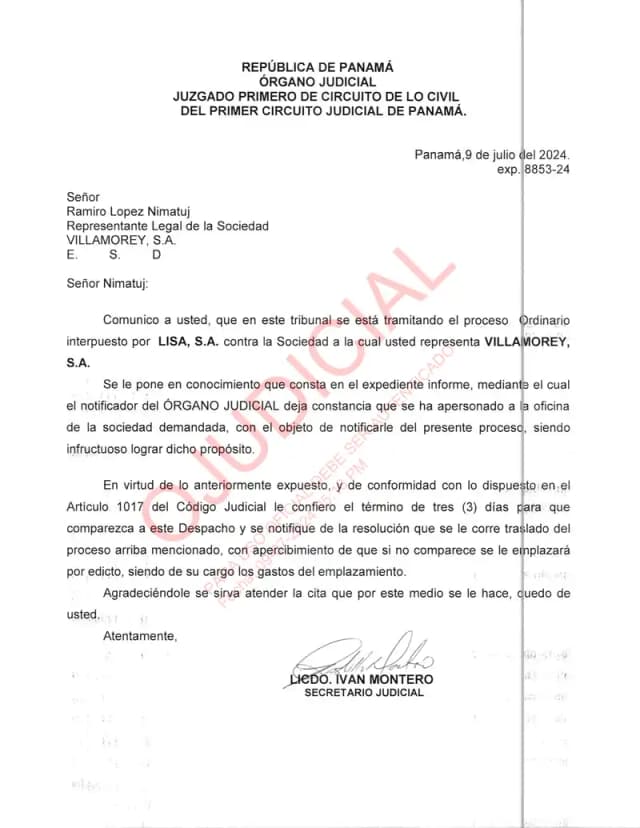 El Juzgado Primero Civil de Panamá cita a Villamorey, S.A. a comparecer en tres días tras fracasar la notificación personal, bajo apercibimiento de emplazamiento por edicto a su costa.