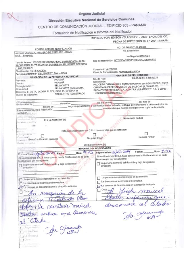 The Judicial Communications Office documents two failed attempts to serve Villamorey, S.A. at the offices of its resident agent Galindo, Arias & López, whose staff disclaimed knowledge of the company.