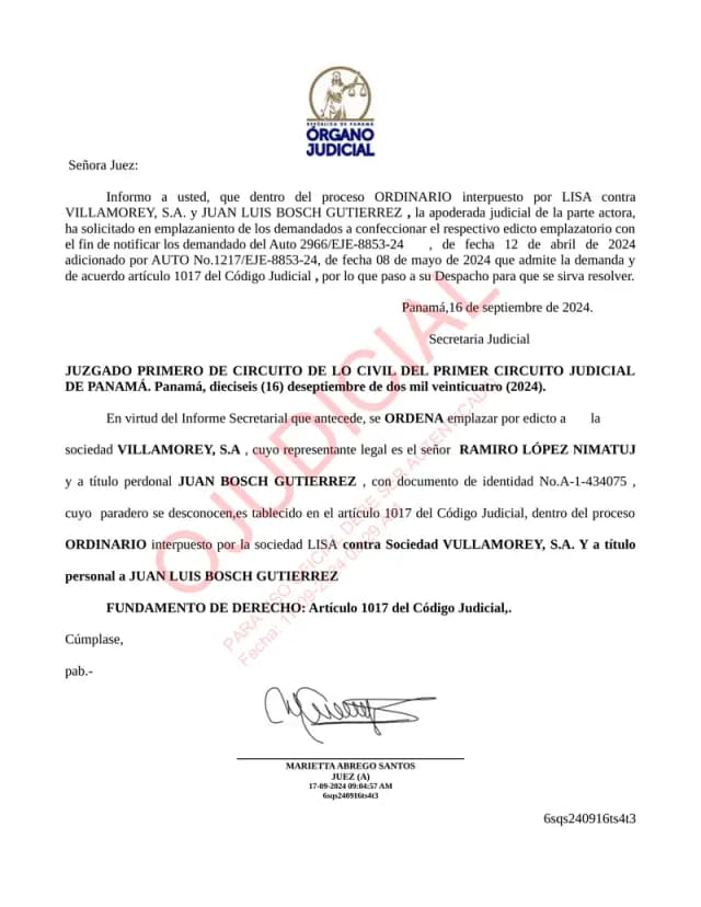 El Juzgado Primero Civil de Panamá ordena el emplazamiento por edicto de Villamorey, S.A. y Juan Luis Bosch Gutierrez, tras dos visitas fallidas al agente residente Galindo, Arias & López.