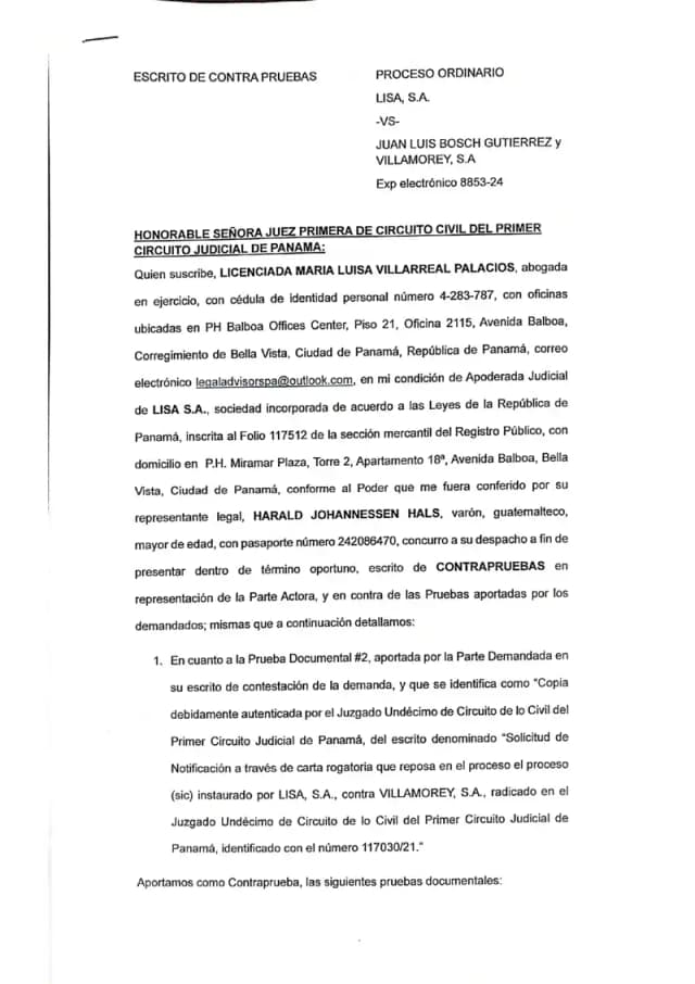 Lisa, S.A. files counter-evidence showing the letter rogatory was court-ordered and submits shareholder assembly invitations issued by Villamorey from 2020 through 2024, contradicting the defendants' challenge to Lisa's standing.