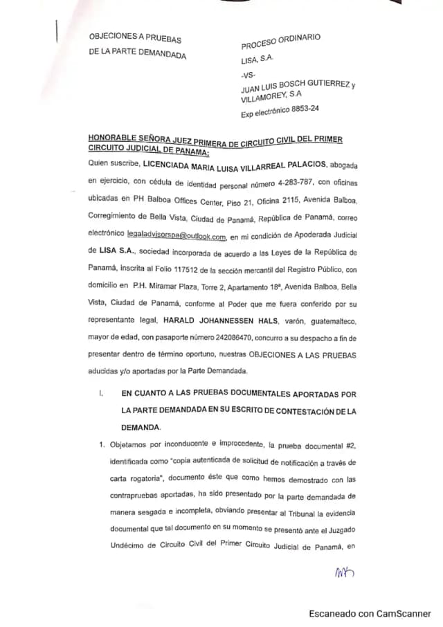 Lisa, S.A. formally objects to documentary and report evidence submitted by Villamorey and Bosch as irrelevant, biased, and noncompliant with the Judicial Code.