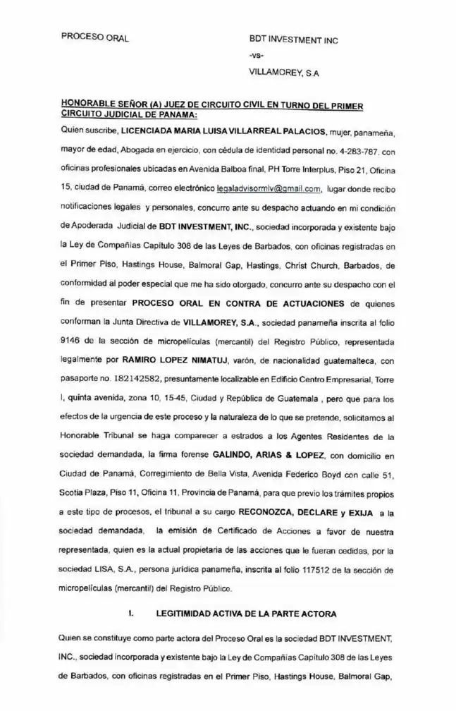 BDT Investments Inc. interpone proceso oral ante el Primer Circuito Judicial de Panamá exigiendo que Villamorey, S.A. emita y registre el certificado de acciones del 33.33% adquirido por cesión de Lisa, S.A., valorado en $60,000,000.