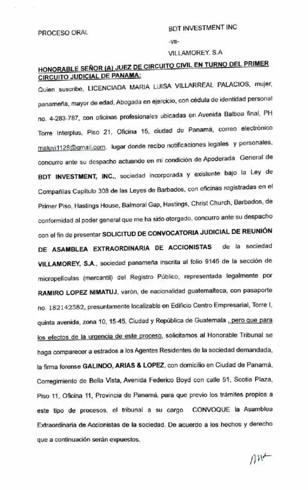 BDT Investment, Inc. solicita al tribunal la convocatoria judicial de una asamblea extraordinaria de accionistas de Villamorey, S.A., tras el vencimiento del plazo legal de 30 días sin respuesta a su solicitud extrajudicial.