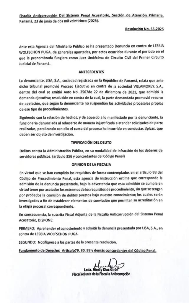 The Anticorruption Prosecutor admits through Resolution No. 55-2025 the complaint filed by Lisa, S.A. against former Judge Wolfschon Puga for freezing enforcement proceedings against Villamorey, S.A.